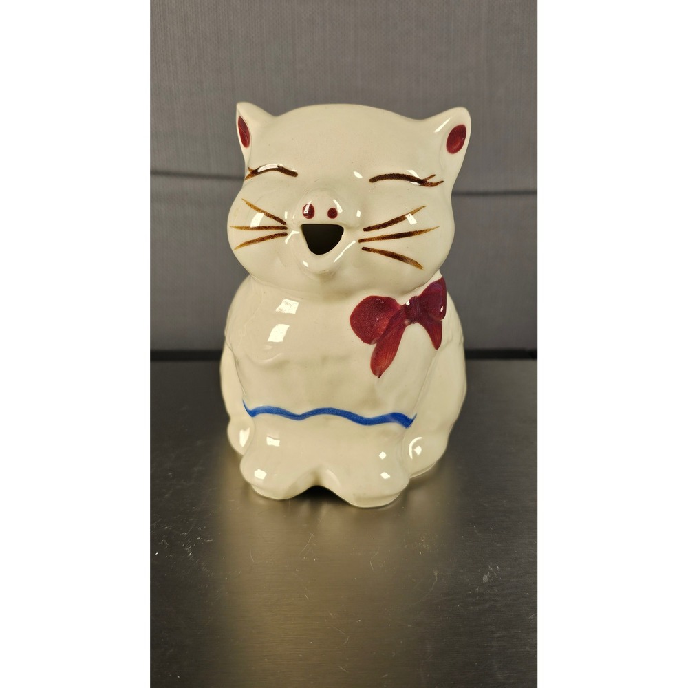 Vintage Shawnee Puss n Boots Ceramic Creamer Pitcher White Red Bow USA